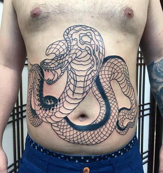 Cool Black Ink Cobra Mens Stomach Tattoos