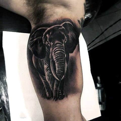 Cool Black Ink Shaded Mens Animal Elephant Bicep Quarter Sleeve Tattoo