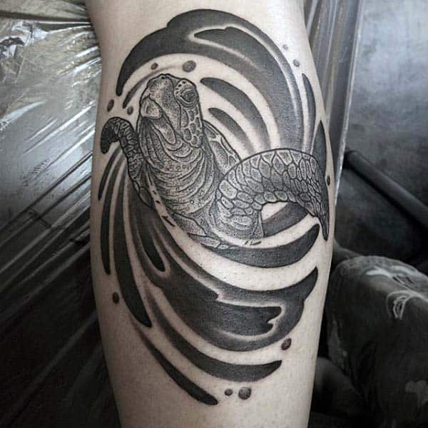 Cool Black Ink Shaded Ocean Waves Spiral Mens Turtle Leg Calf Tattoos