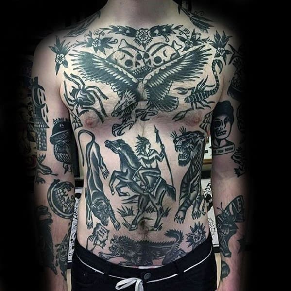 Cool Black Ink Traditional Bird Male Chest Tattoos