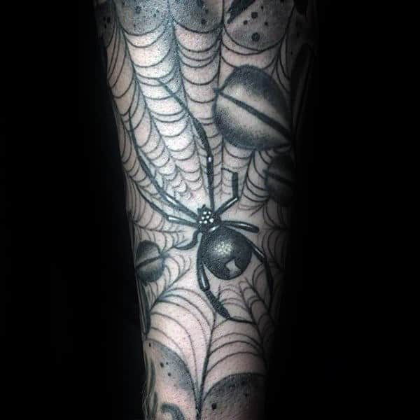 Cool Black Widow Spider Web Inner Forearm Sleeve Tattoos For Men
