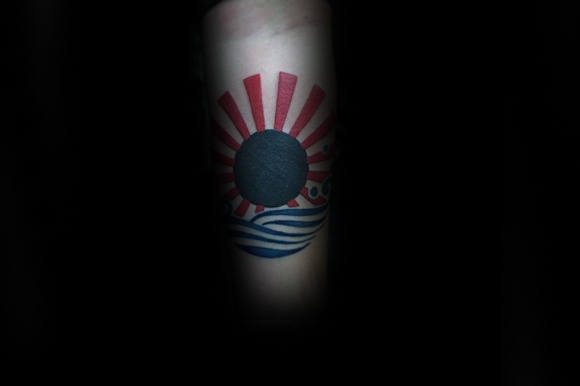 Cool Blackwork With Red And Blue Ink Rising Sun Water Tattoo For Men
