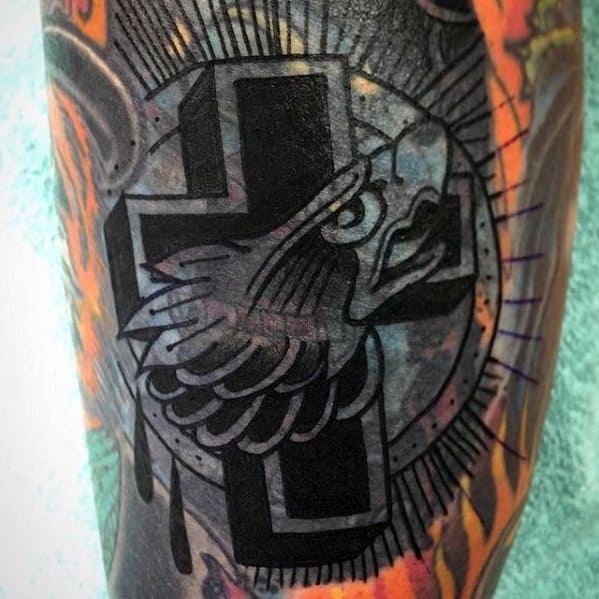 Cool Blast Over Eagle Head With Cross Tattoo Design Ideas For Male On Arm