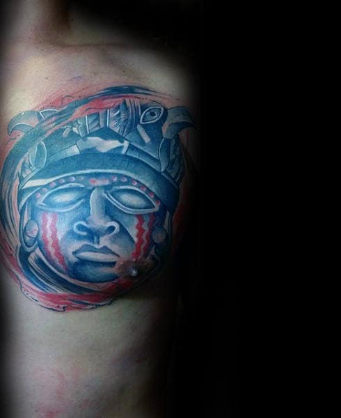 Cool Blue And Red Ink Shaded Taino Shaman Tattoo On Chest For Men