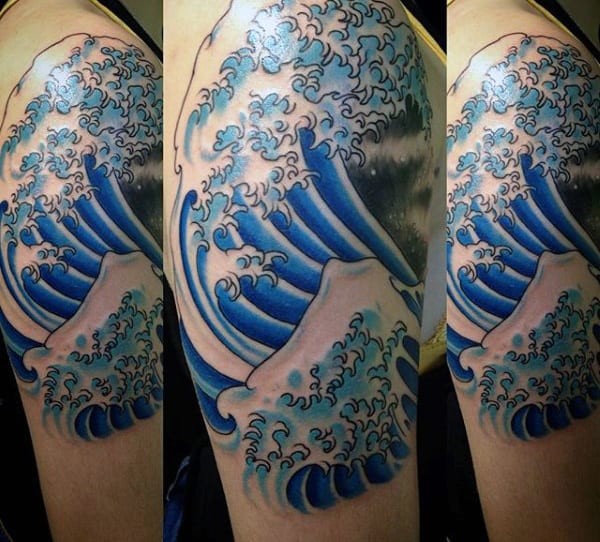 Cool Blue Arm Wave Tattoo For Men