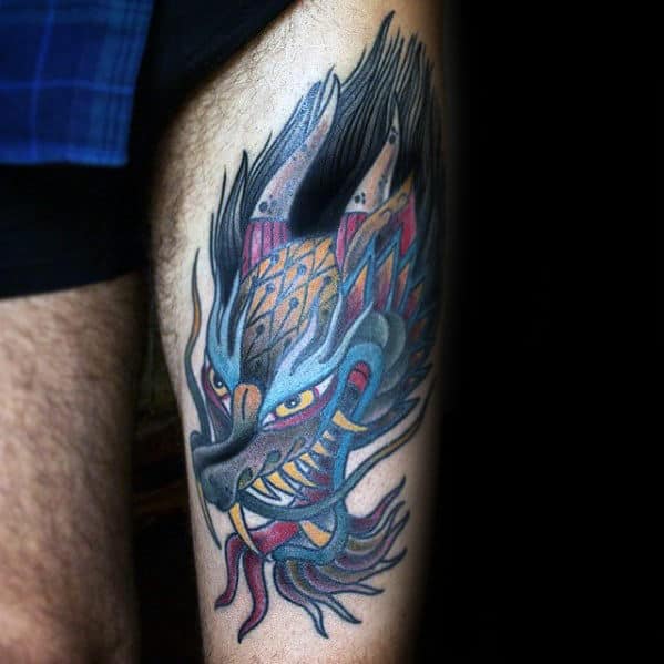 Cool Blue Dragon Head Guys Traditional Tattoo Design On Thigh