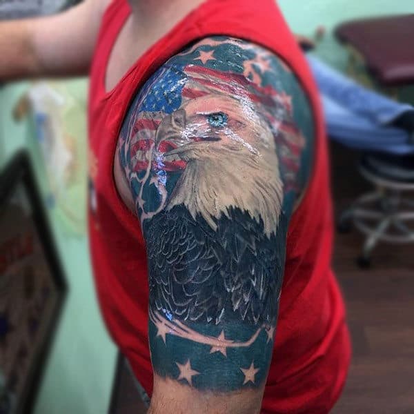 Cool Blue Eyed Bald Eagle Tattoo Male Upper Arm