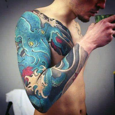 Cool Blue Japanese Octopus Mens Full Sleeve Tattoo Design Ideas