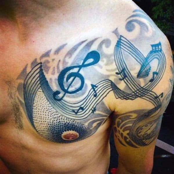 Cool Blue Musical Tattoo On Chest For Men