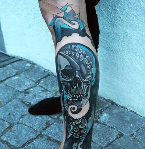 Cool Blue Octopus Tattoos For Men Leg Sleeve With Skull