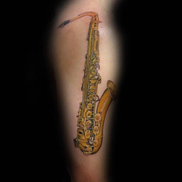 Cool Brass Saxophone Arm Tattoos For Males