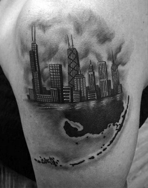 Cool Building Shaded Guys Skyline Upper Arm Tattoos