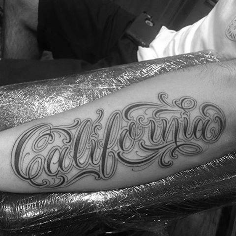 Cool California Lettering Male Forearm Tattoo Ideas