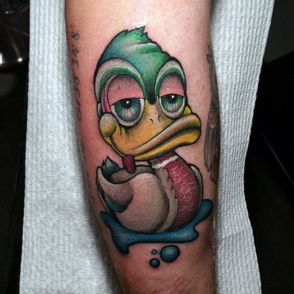 Cool Cartoon Duck In Puddle Tattoo For Guy