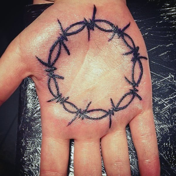 Cool Circle Barbed Wire Inner Palm Of Hand Tattoos For Guys