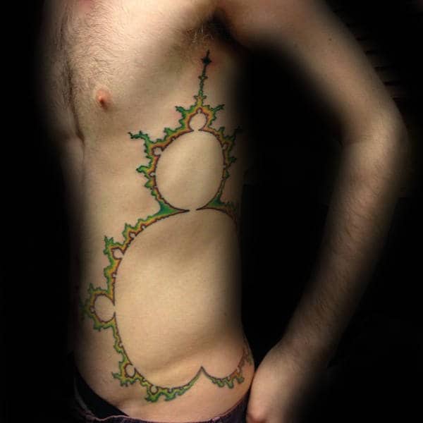 Cool Circle Factal Mens Rib Cage Side Tattoo With Green And Yellow Ink
