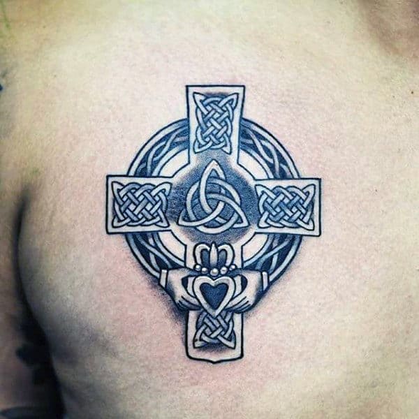 Cool Claddagh Cross Tattoo On Guys Chest