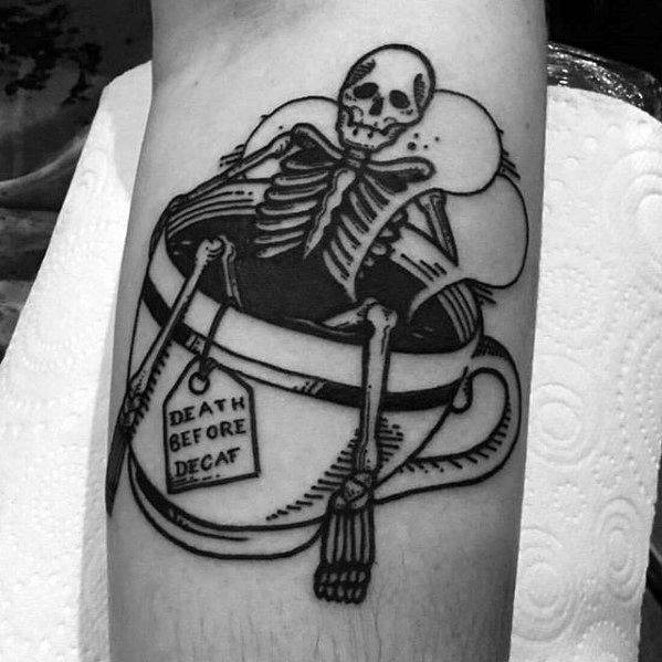 Cool Coffee Cup Skeleton Leg Tattoo Design Ideas For Male