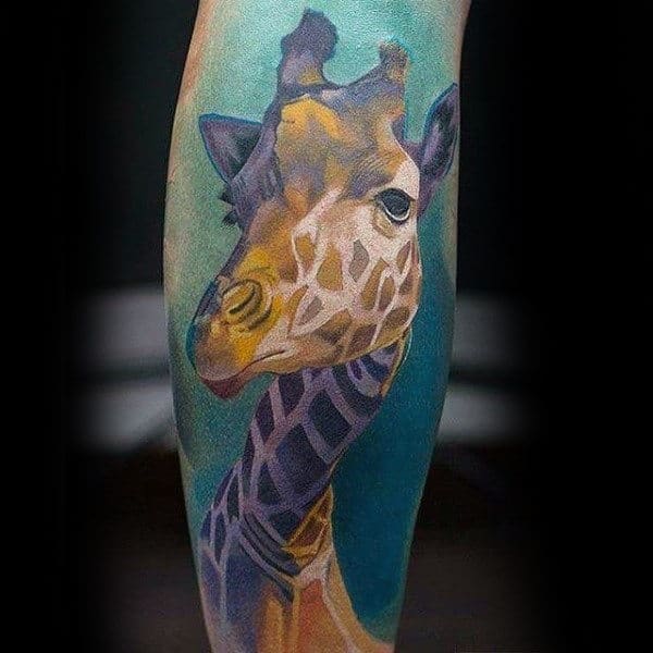 Cool Colorful Mens Giraffe Tattoo On Arm