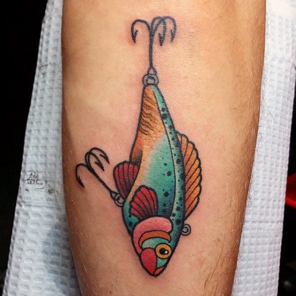 Cool Colorful Mens Three Barb Fishing Hook Lure Tattoo Design Idea