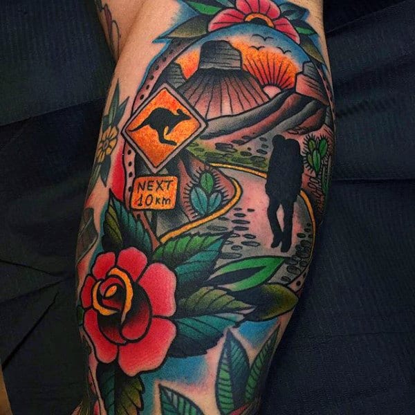 Cool Colorful Mens Travel Sleeve Tattoo With Flowers