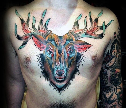 Cool Colorful Traditional Deer Mens Upper Chest Tattoo Designs