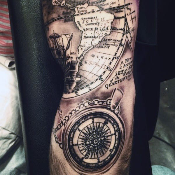 Cool Compass Map Tattoo For Males On Arm