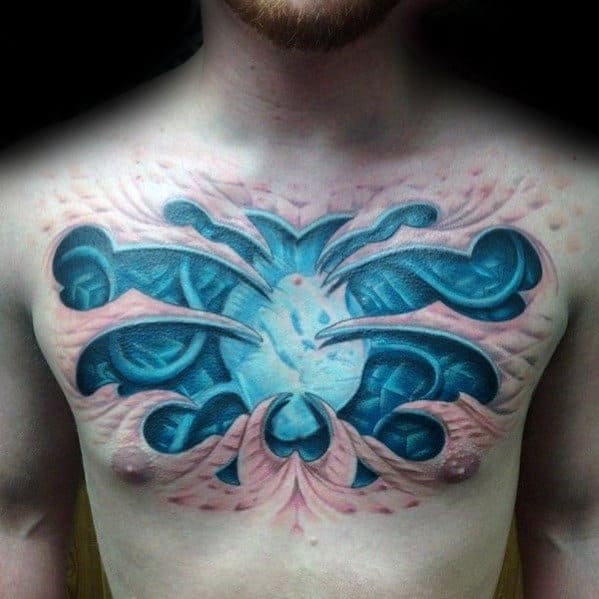 Cool Creative Mens Chest 3d Blue Ink Tattoo