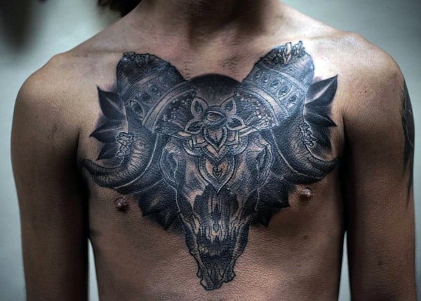 Cool Creative Ram Chest Tattoos On Man