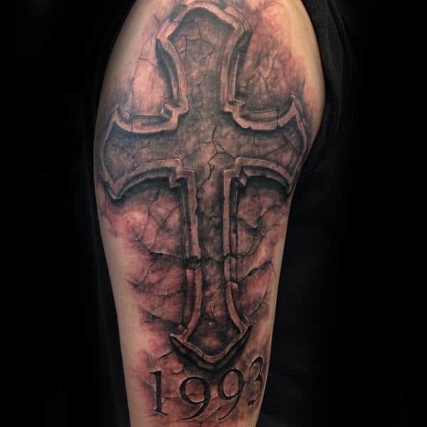 Cool Cross Stone Mens Upper Arm Tattoos