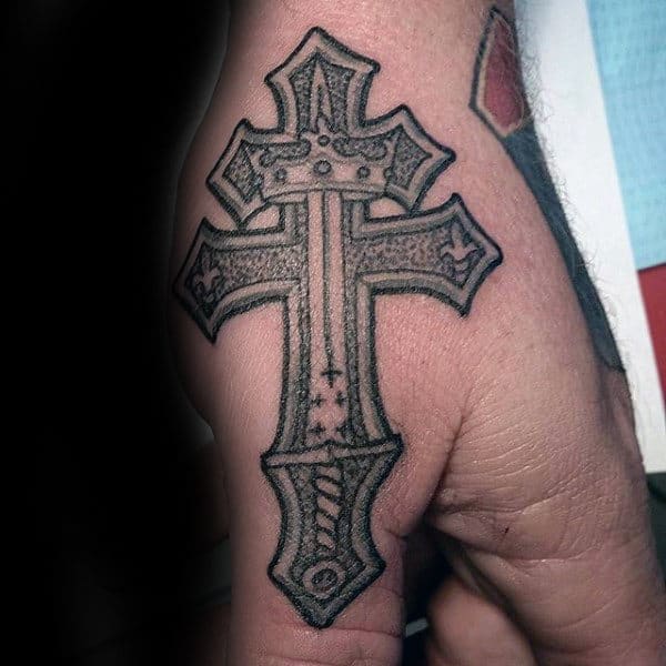 Cool Cross With Sword Thumb Male Tattoo Ideas
