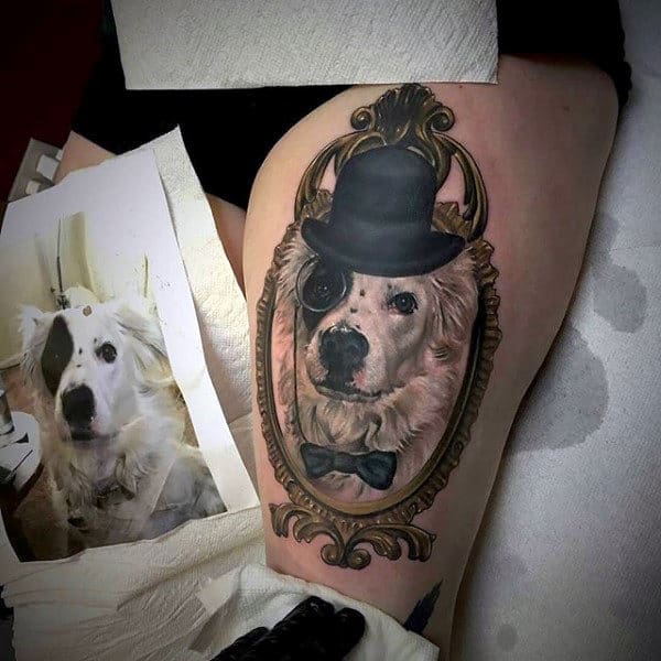 Cool Dog Portrait Tattoo On Leg Thigh Of Male