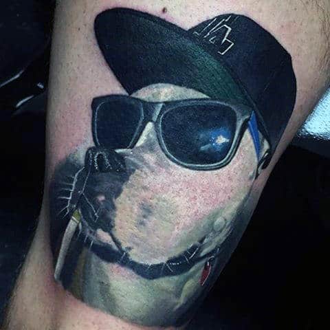 Cool Dog Wearing Glasses And Hat Mens Thigh Tattoos