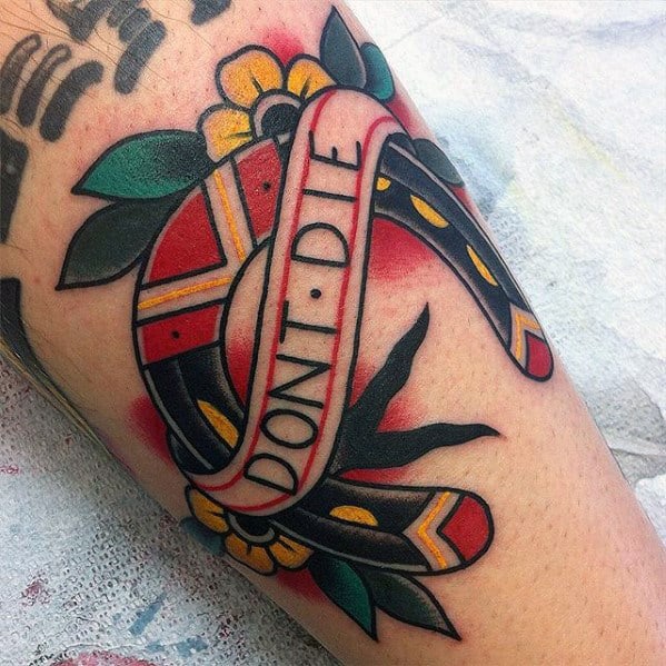 Cool Dont Die Banner With Traditional Horseshoe Mens Small Forearm Tattoo