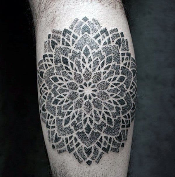 Cool Dotwork Flower Geometric Leg Calf Tattoo Design Ideas For Male