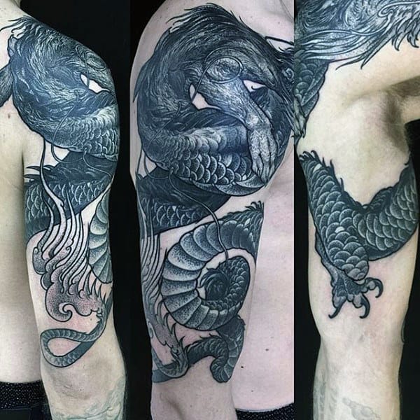 Cool Dragon Black Ink Dotwork Mens Half Sleeve Tattoos