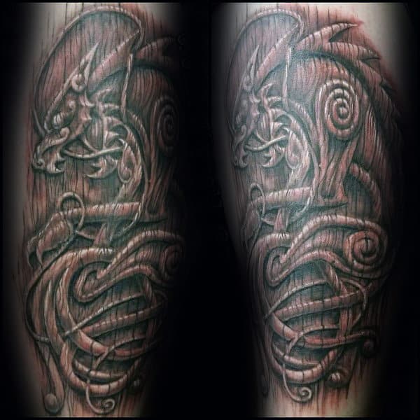 Cool Dragon Wood Carving Mens Leg Tattoos