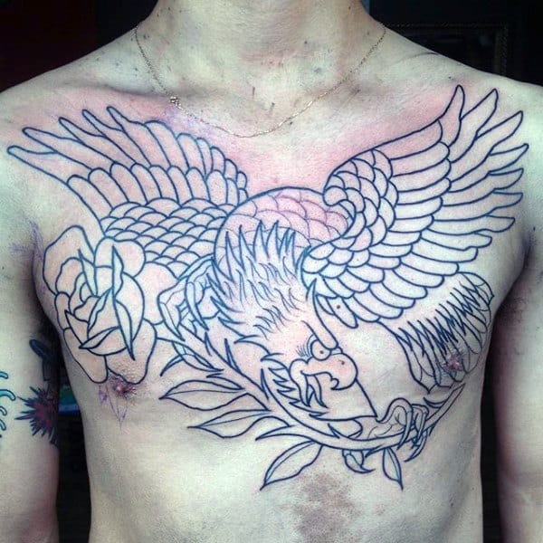 Cool Eagle With Rose Flower Guys Chest Tattoos
