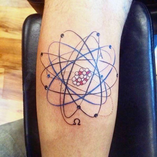 A black tattoo design of a modern atom with electron clouds on Craiyon