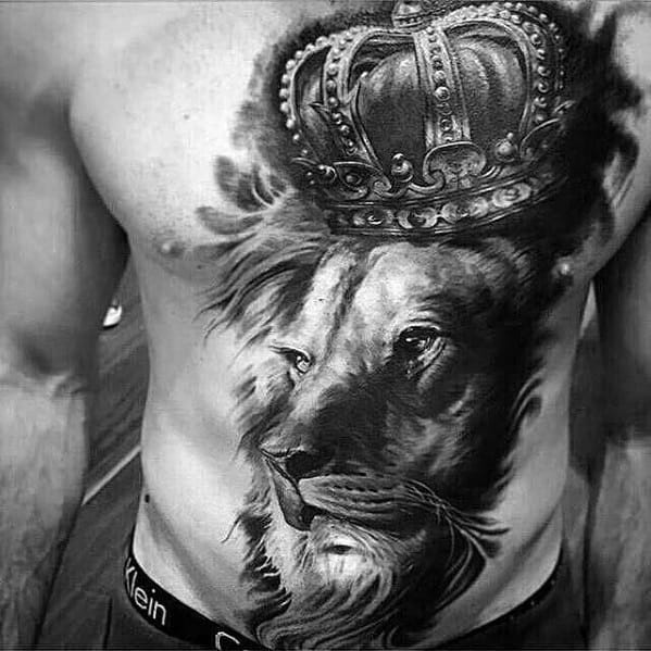 Cool Epic Lion With Crown Chest Tattoo Design Ideas For Male