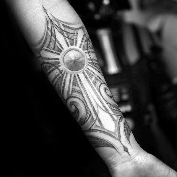 Cool Filipino Sun Inner Forearm Tattoo Design Ideas For Male