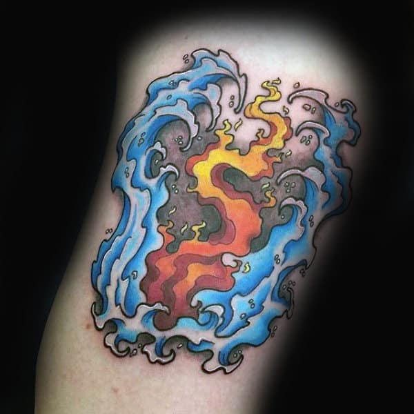 Cool Fire And Water Male Thigh Tattoos