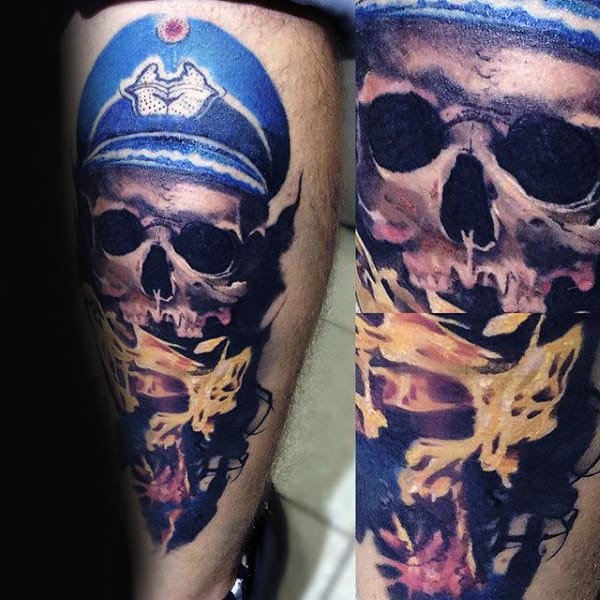 Cool Fire Mens Skull Back Of Leg Tattoos