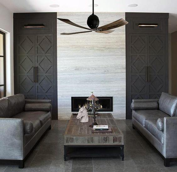 Cool Fireplace Tile Design Ideas With Dark Grey Bookcases