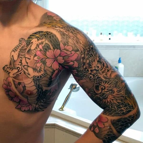 Cool Floral Chinese Dragon Guys Half Sleeve And Chest Tattoos