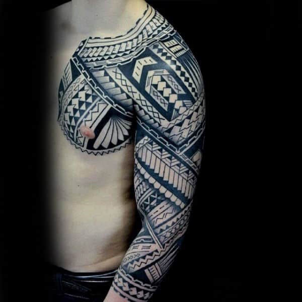 Cool Full Sleeve And Chest Samoan Tribal Tattoo On Man