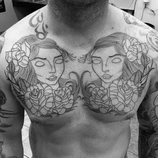 Cool Gemini Twins With Flowers Male Upper Chest Tattoo