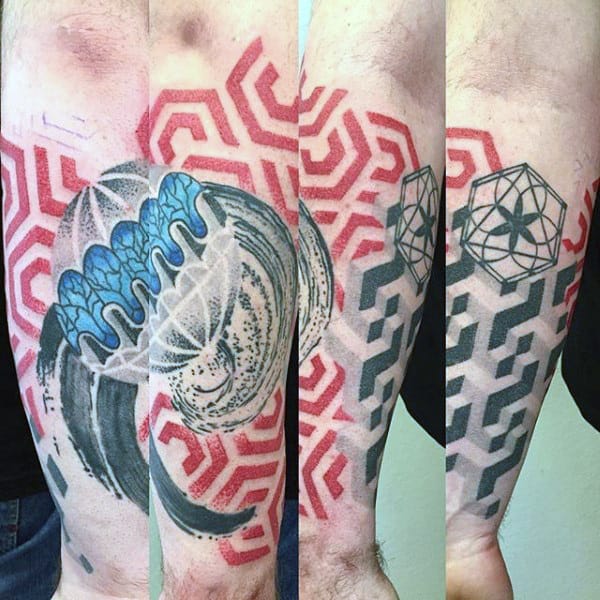 Cool Geometric Red Ink Mens Forearm Sleeve Tattoo Ideas