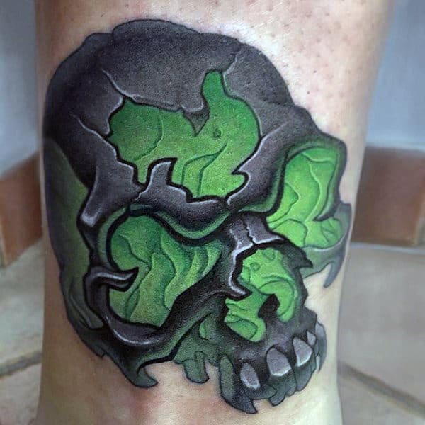 Cool Glowing Green Shamrock Skull Tattoo For Guys On Wrist