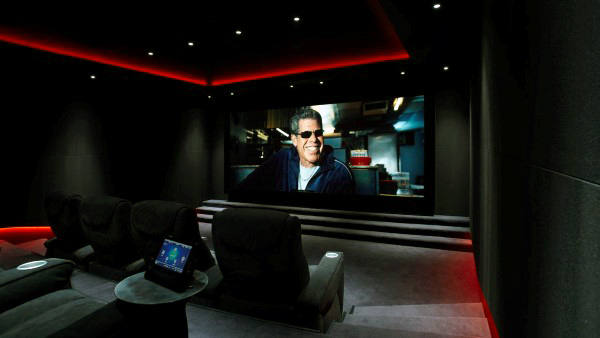 Cool Glowing Red Media Room Lighting With Black Lounge Chairs